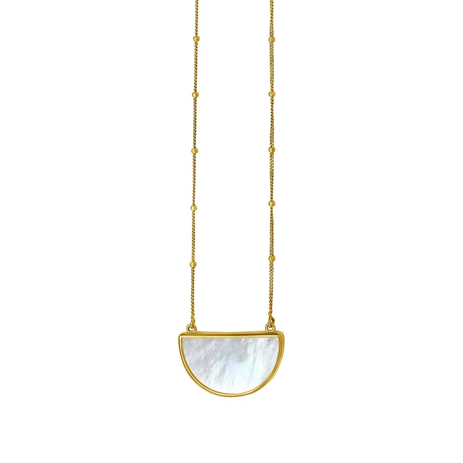 MOP Geometric Gem Half Moon Necklace in 14K Yellow Gold in a sleek high-contrast midnight luxury editorial style